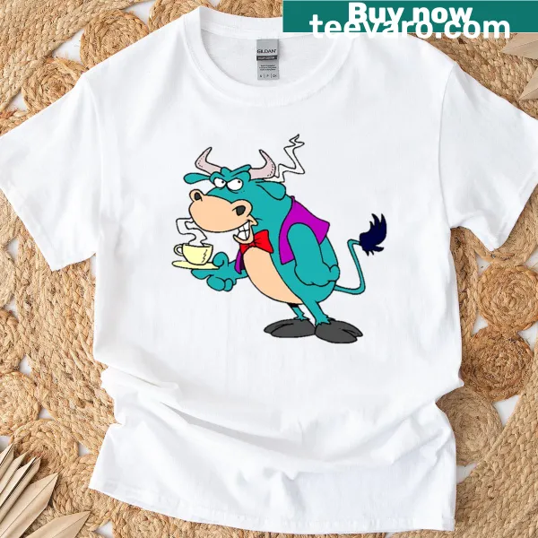 T-shirt featuring a cartoon blue bull with a coffee cup, humorous design