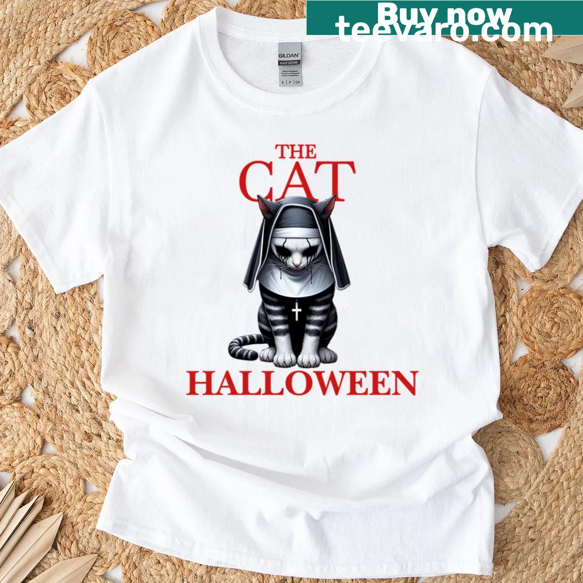 Cartoon cat dressed as a nun for Halloween — on a men's t-shirt