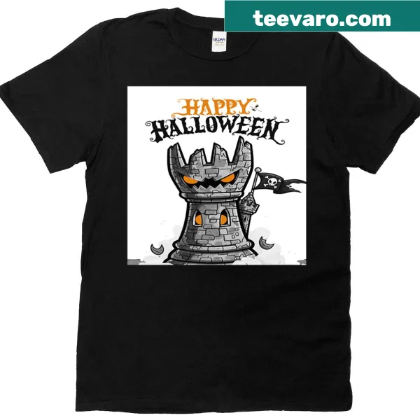 Chess rook design with haunted castle for Halloween enthusiasts