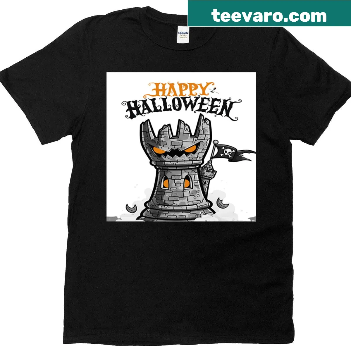 Chess rook design with haunted castle for Halloween enthusiasts — on a men's t-shirt