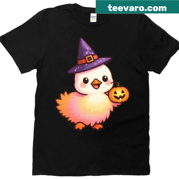 Halloween goose t-shirt with cartoon pumpkin and witch hat