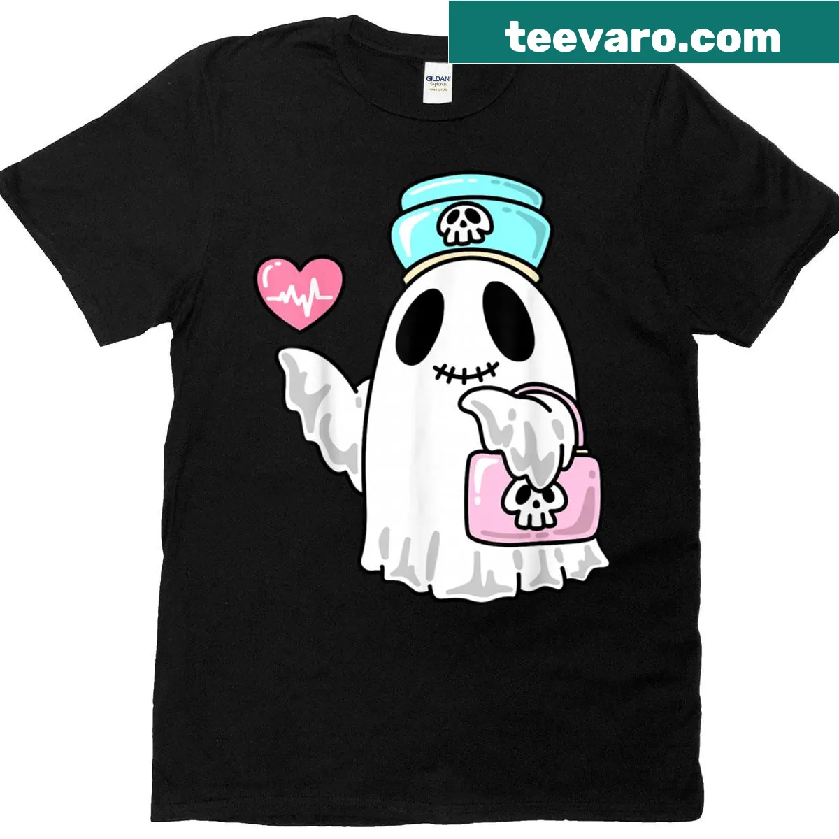 Funny Halloween t-shirt featuring ghostly nurse design — on a men's t-shirt