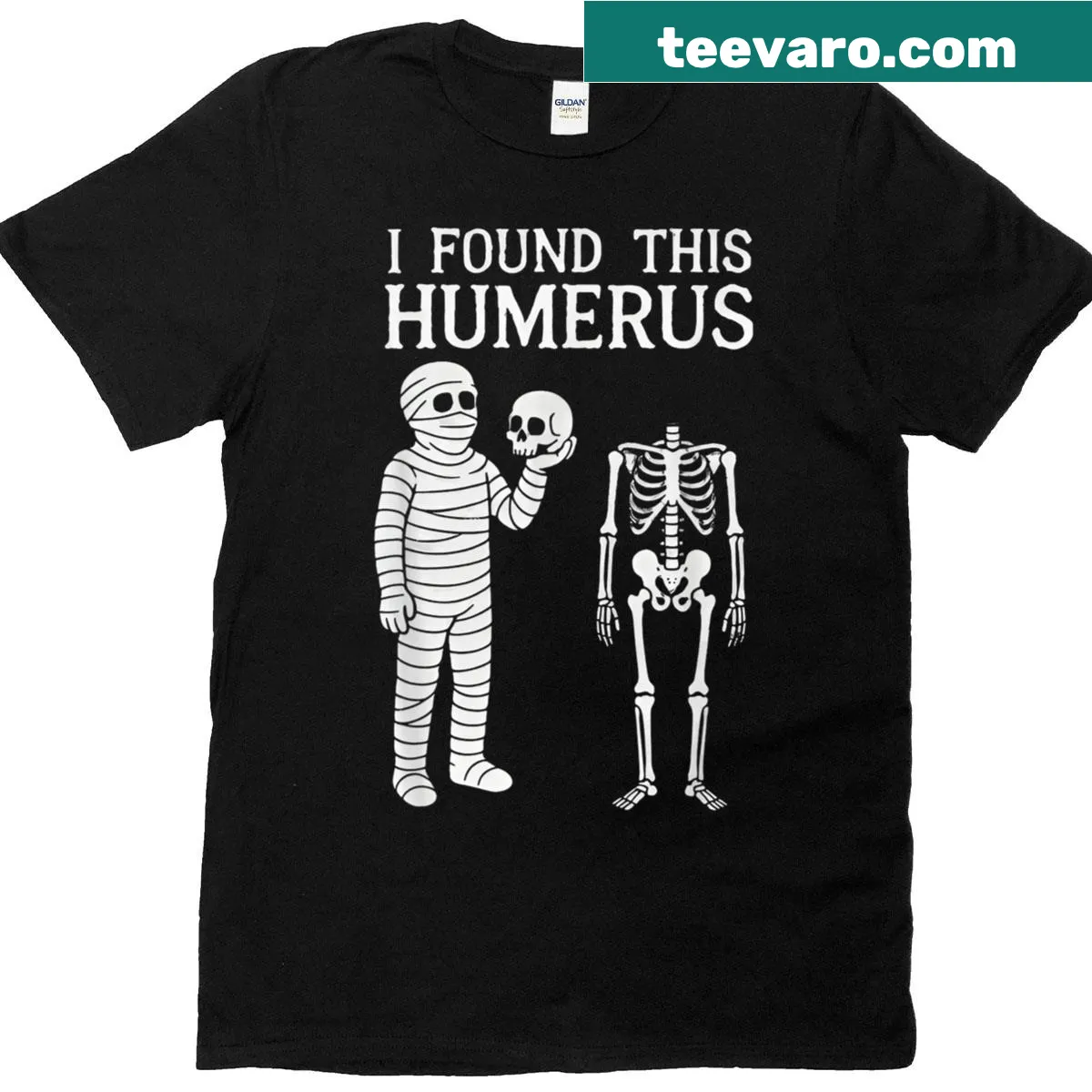 Funny Halloween T-shirt with skeleton graphic and pun text — on a men's t-shirt
