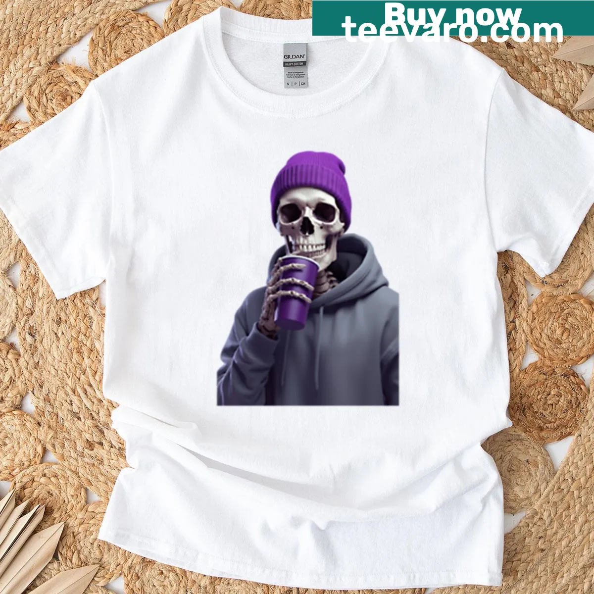 Hyper-realistic Halloween t-shirt featuring skeleton in beanie and cup — on a men's t-shirt