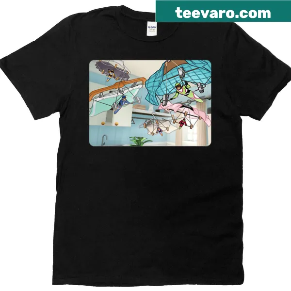 Illustration of Hank gliding on an oversized T-shirt