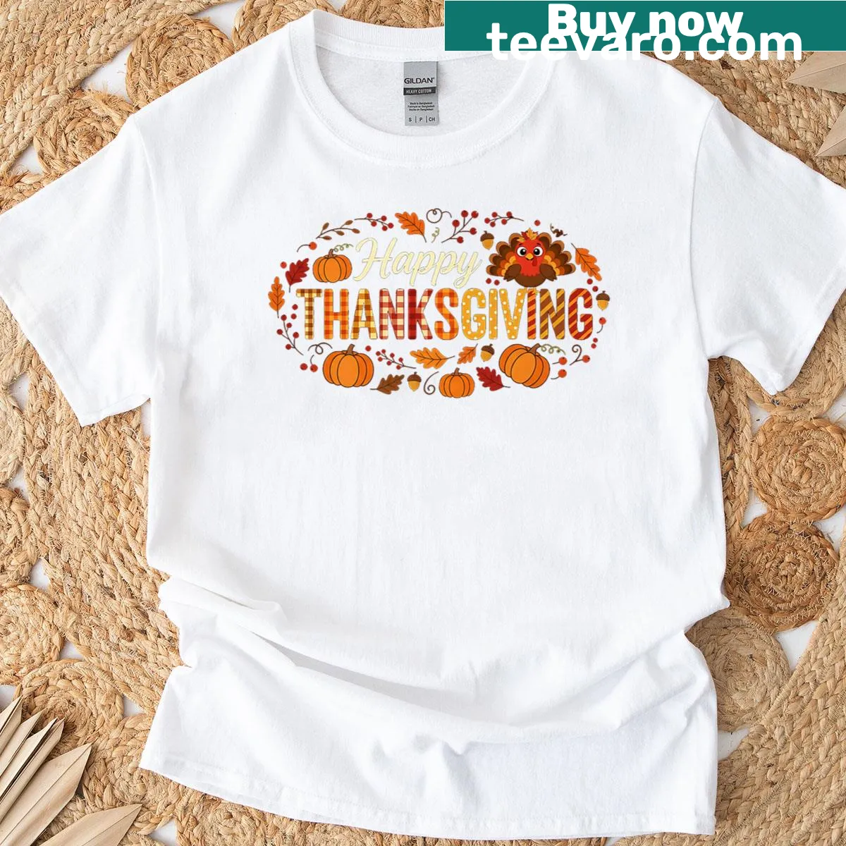 Thanksgiving-themed t-shirt with pumpkins and turkey design — on a men's t-shirt