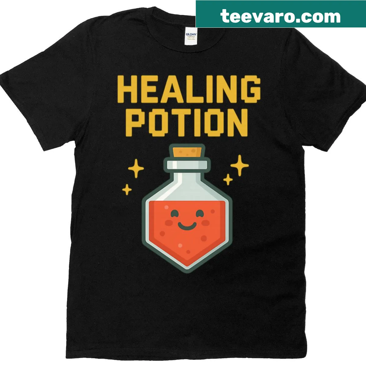Cute pixel art t-shirt featuring a healing potion bottle with sparkles — on a men's t-shirt