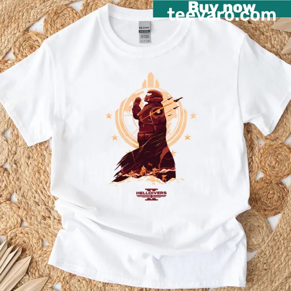 T-shirt featuring Helldivers 2 video game graphic, bold design
