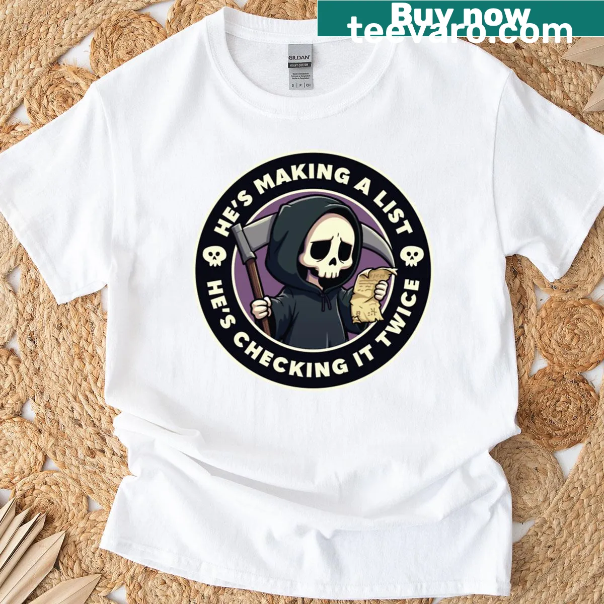 Festive t-shirt with holiday-themed text referencing Santa's list — on a men's t-shirt