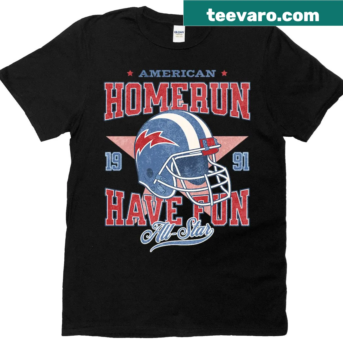 Playful typography design celebrating American sports with the phrase 'Homerun Have Fun' — on a men's t-shirt