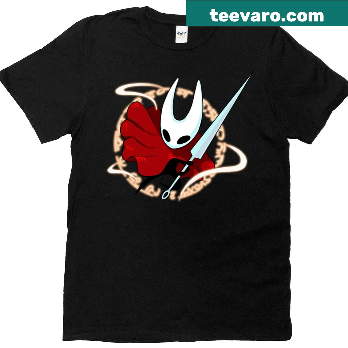 Minimalist t-shirt featuring a silhouette from Honet Silksong — on a men's t-shirt
