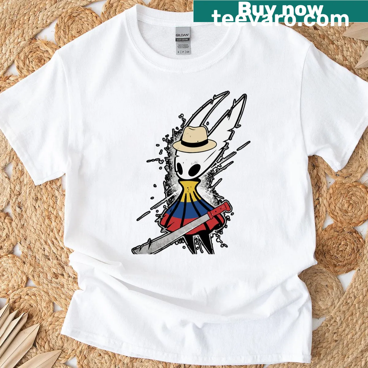 T-shirt inspired by Hornet Silksong featuring Colombian elements — on a men's t-shirt