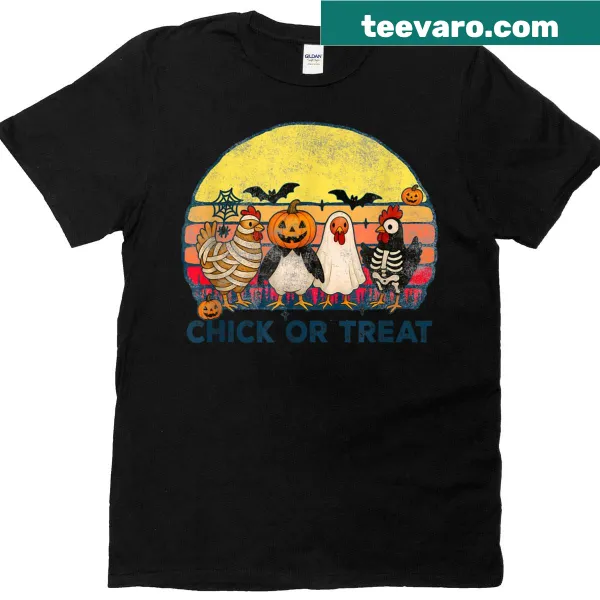 Humorous Halloween T-shirt with a ghostly chicken trick-or-treating.