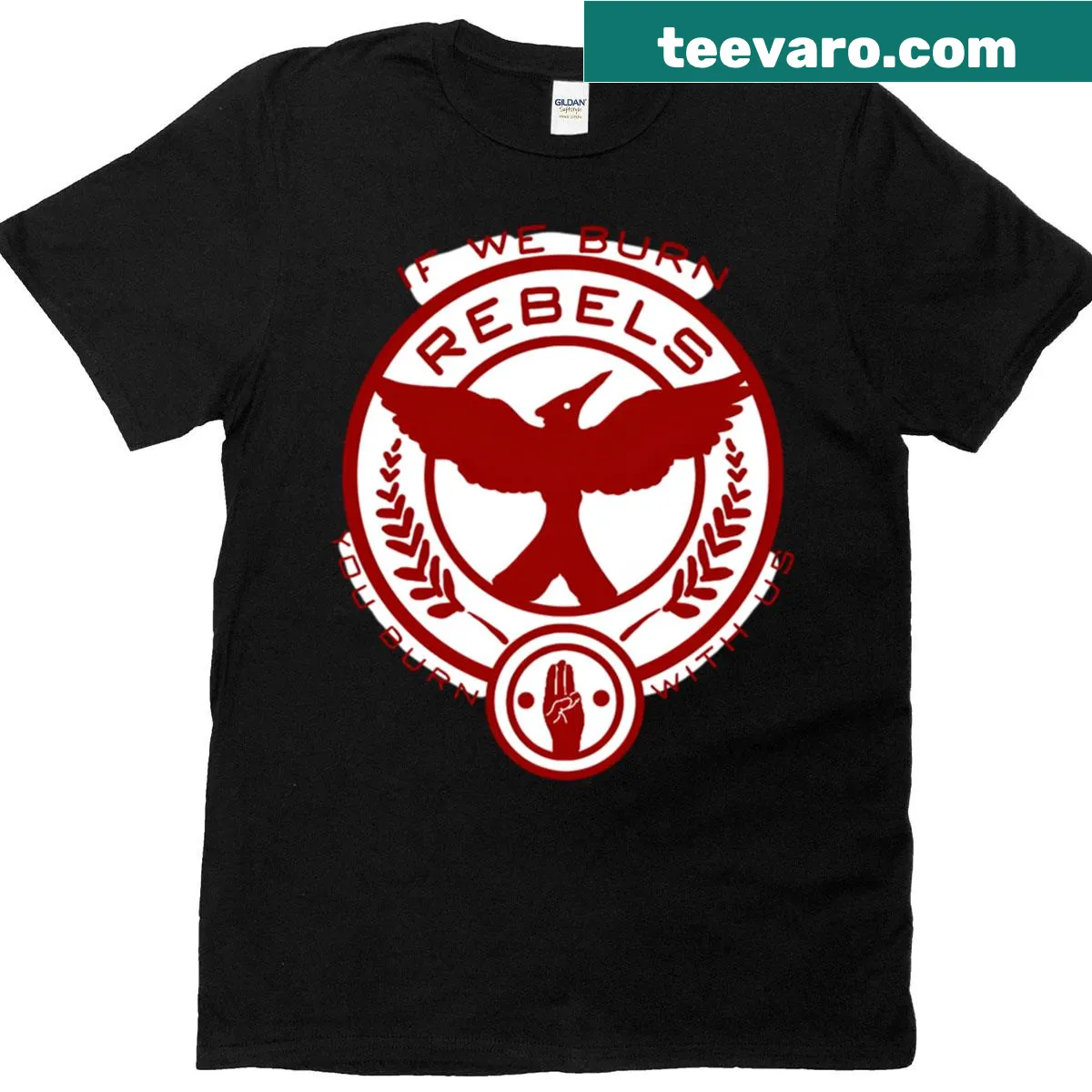 Hunger Game Rebels themed t-shirt with bold text — on a men's t-shirt