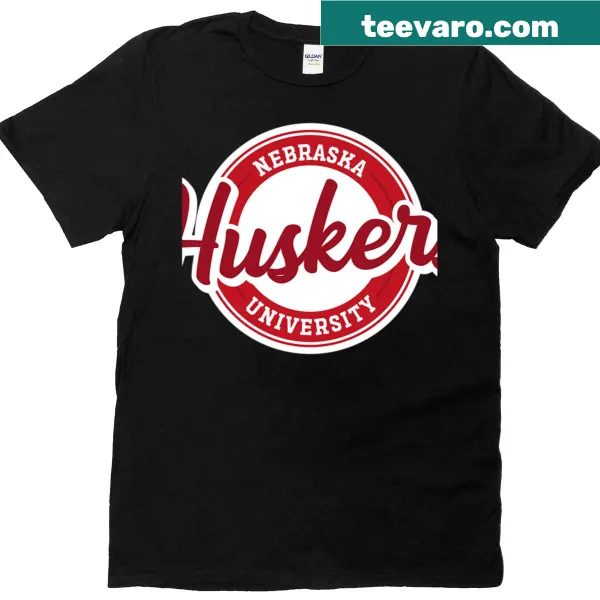 Round badge emblem T-shirt representing Huskers football.