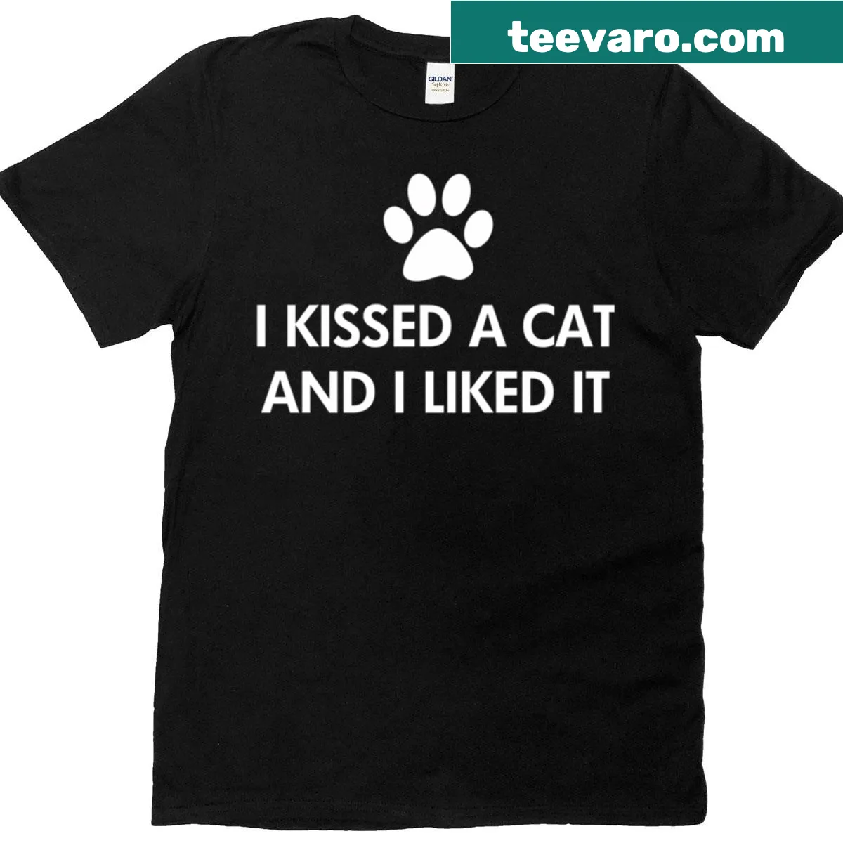 Dark oversized t-shirt with humorous text about kissing a cat — on a men's t-shirt