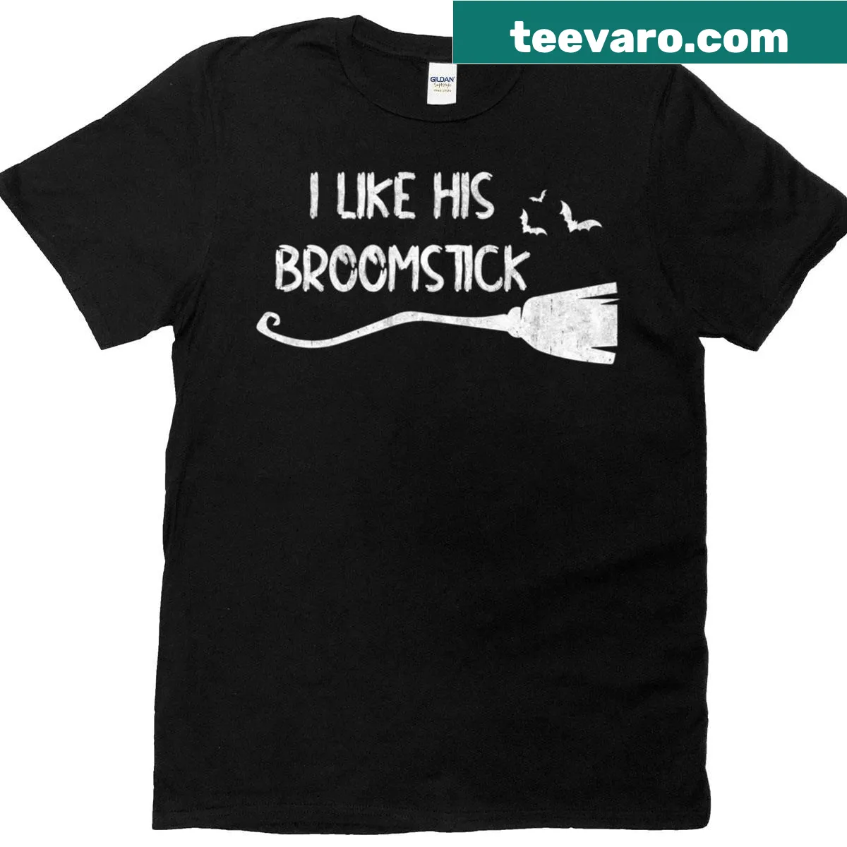 Funny Halloween couple shirt with 'I Like His Broomstick' text — on a men's t-shirt