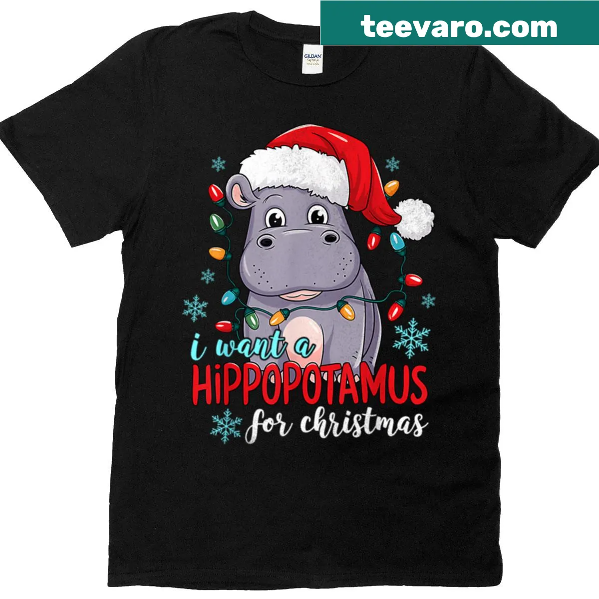 Christmas T-shirt featuring a cute hippopotamus illustration with festive elements — on a men's t-shirt