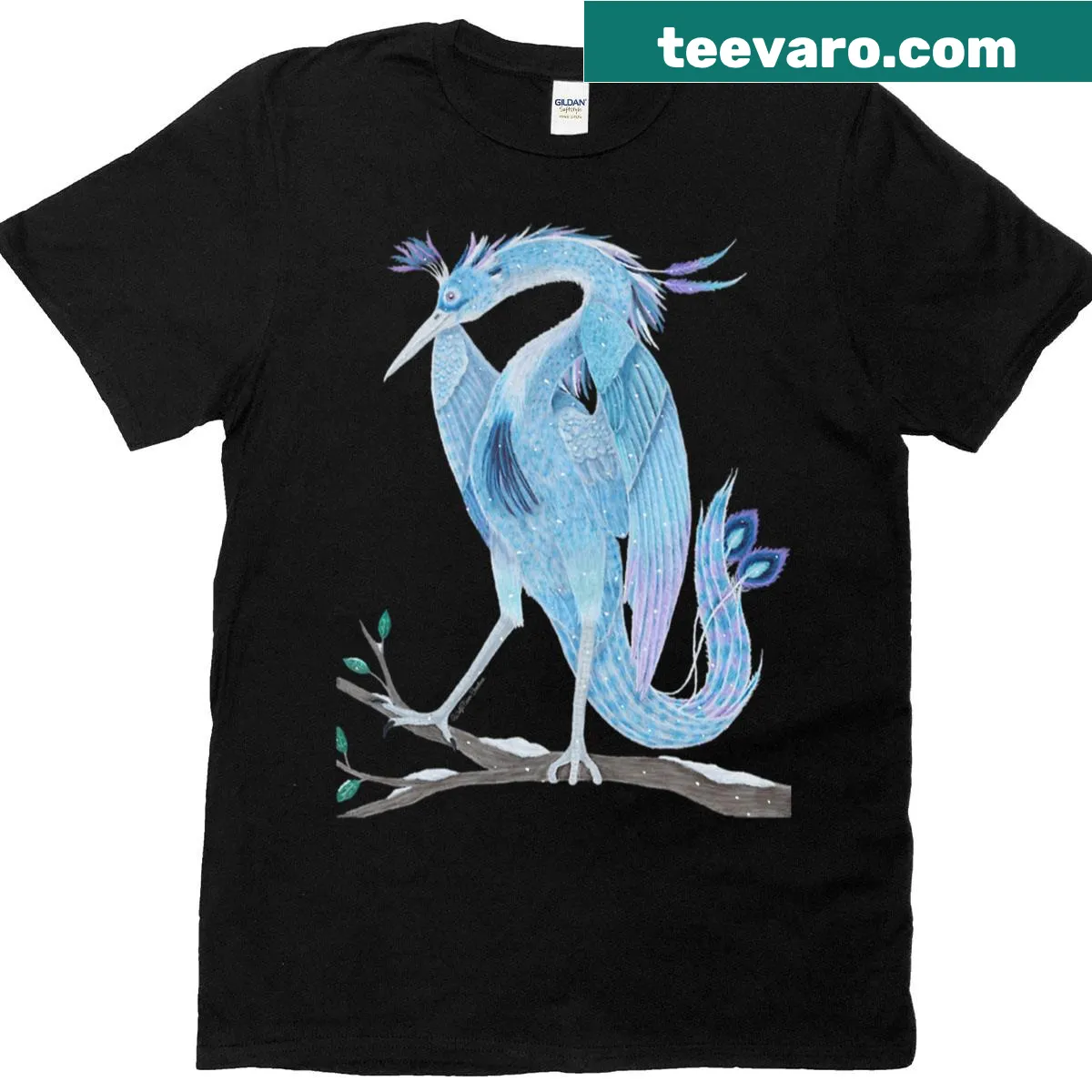 T-shirt featuring a phoenix perched on a snowy branch in a winter scene — on a men's t-shirt