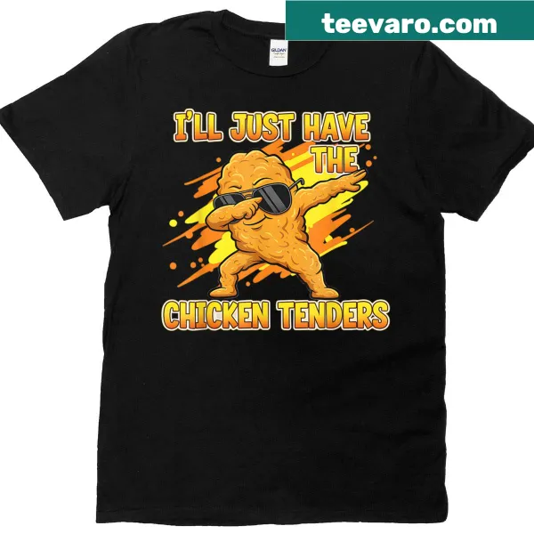 Playful dabbing chicken graphic with text about chicken tenders