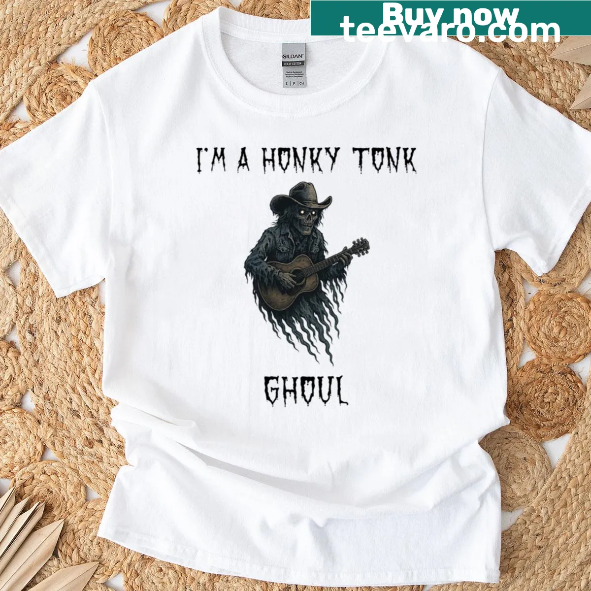 Funny ghost in cowboy hat with country music theme graphic on tee — on a men's t-shirt