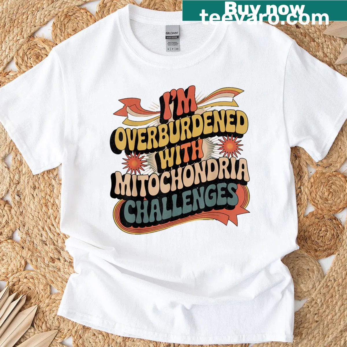 Funny T-shirt with the phrase about mitochondria challenges in playful font — on a men's t-shirt