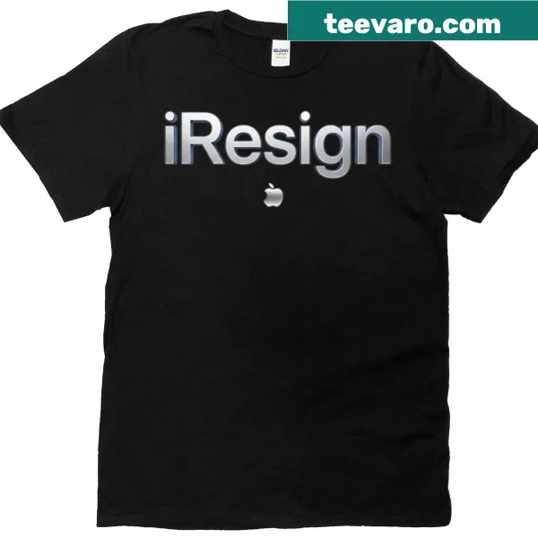 Bold metallic T-shirt with the humorous slogan 'Iresign'