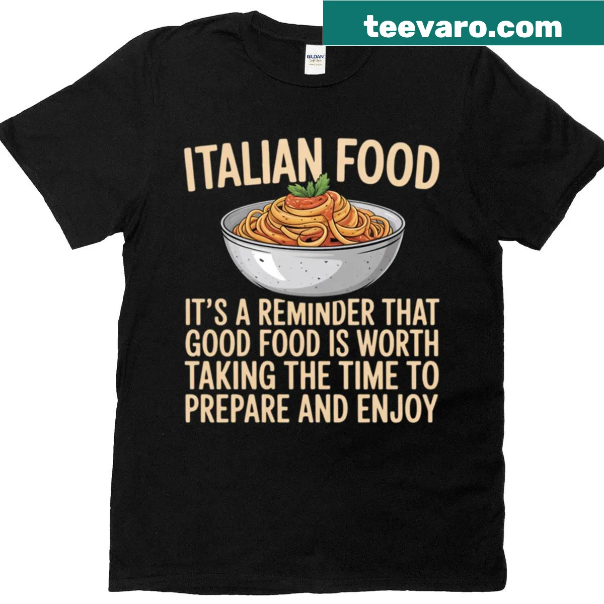 T-shirt with a playful phrase about Italian food — on a men's t-shirt