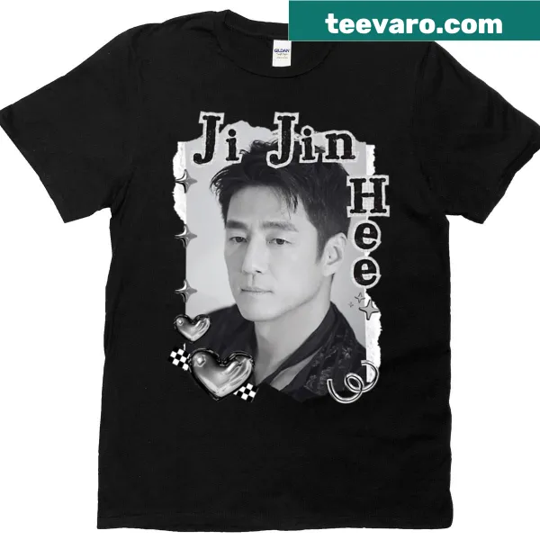 Black and white digital portrait T-shirt featuring Ji Jin-hee in a collage style