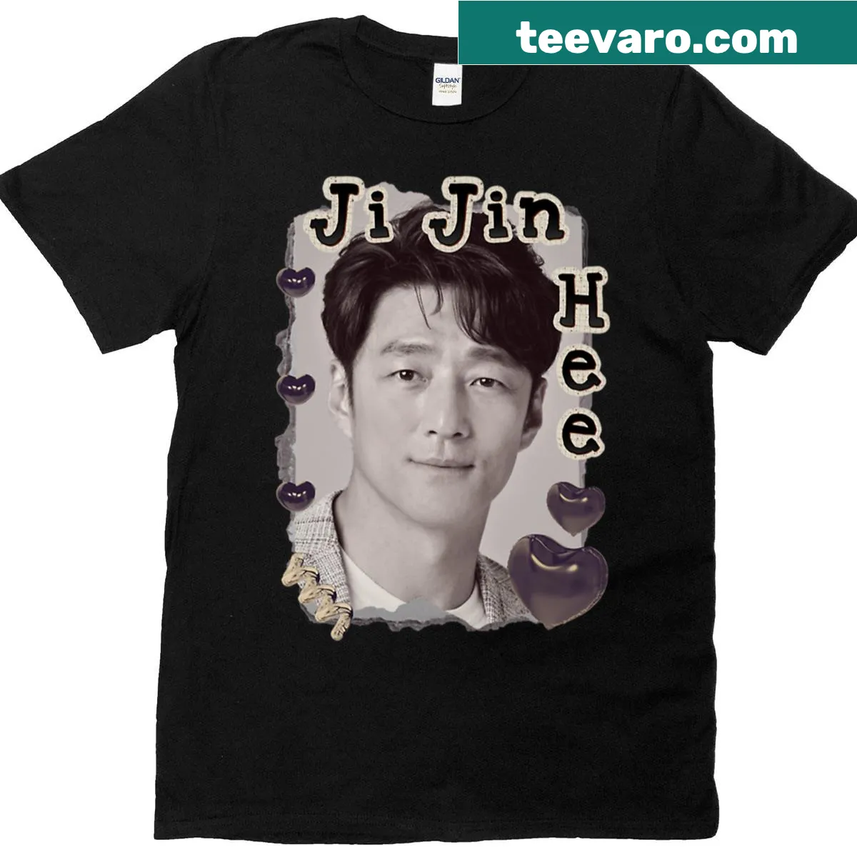 Oversized scrapbook collage T-shirt featuring Ji Jin-hee in a Y2K vintage design — on a men's t-shirt