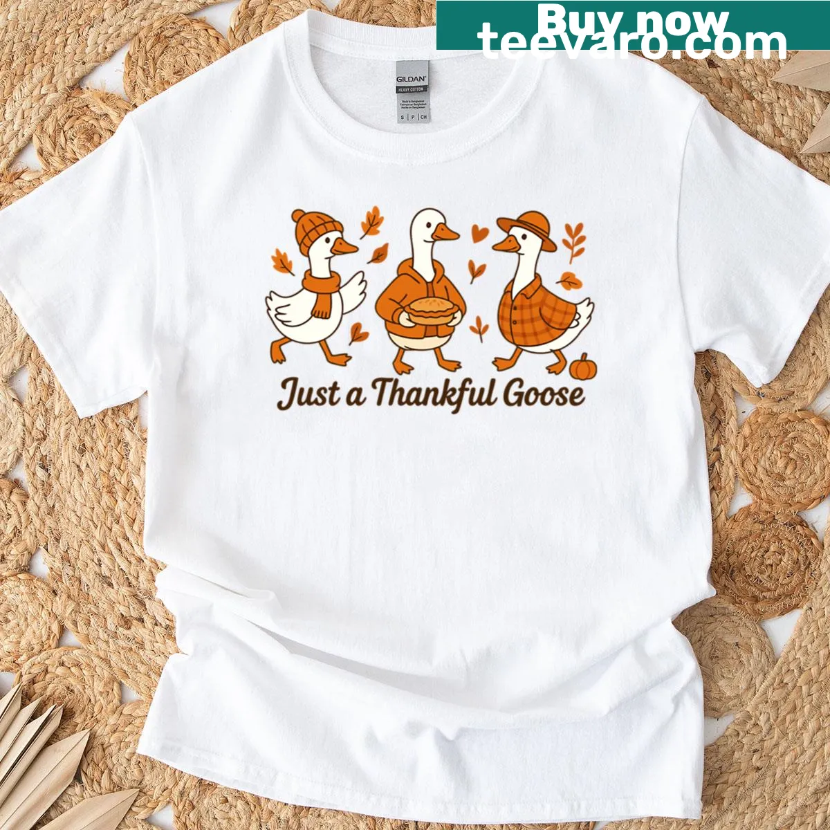 Cute Thanksgiving T-shirt featuring a funny goose graphic. — on a men's t-shirt