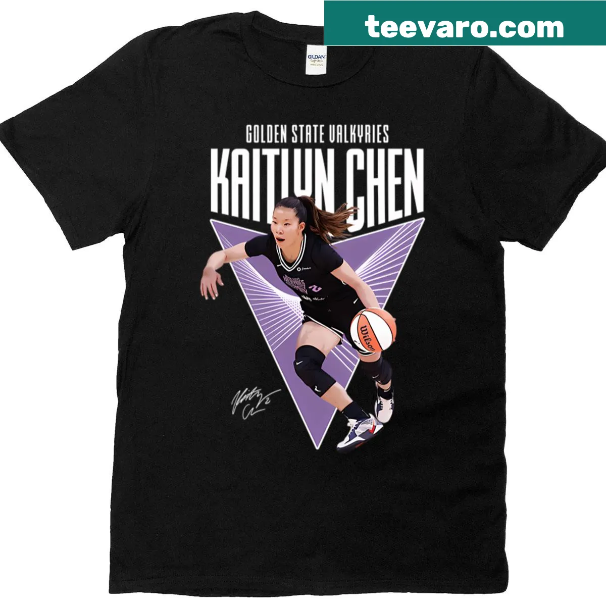 Illustration of Kaitlyn Chen showcasing her athletic prowess for the Valkyries — on a men's t-shirt