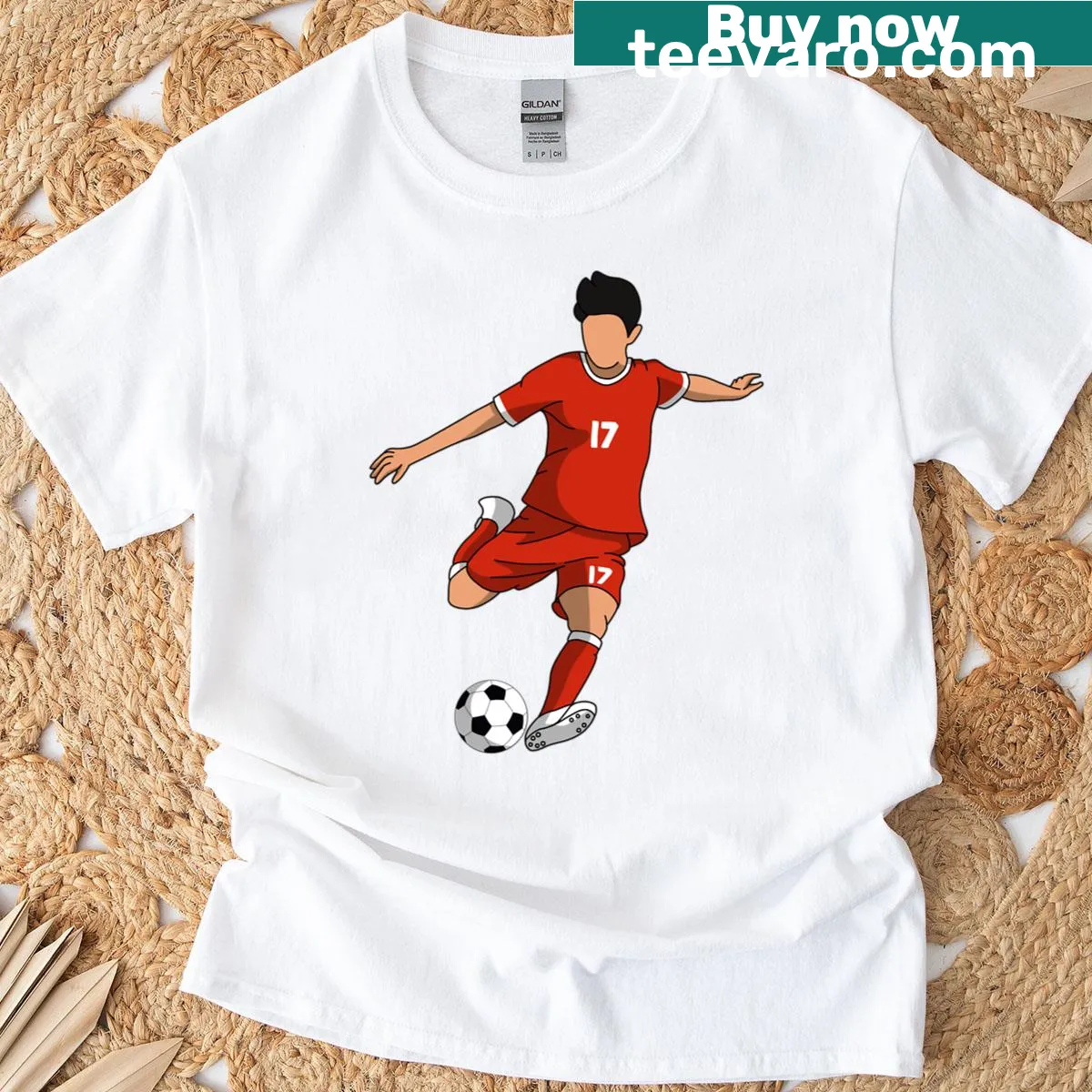 Stylized soccer player graphic on a vibrant t-shirt — on a men's t-shirt