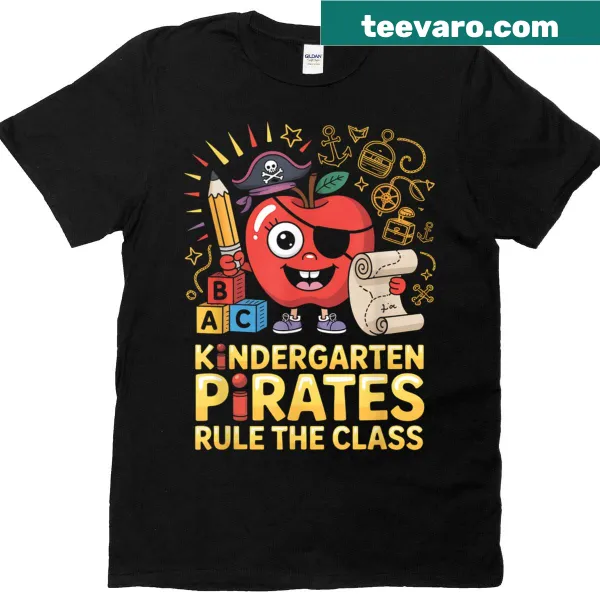 Funny T-shirt with the phrase 'Pirates Rule The Class' in playful typography