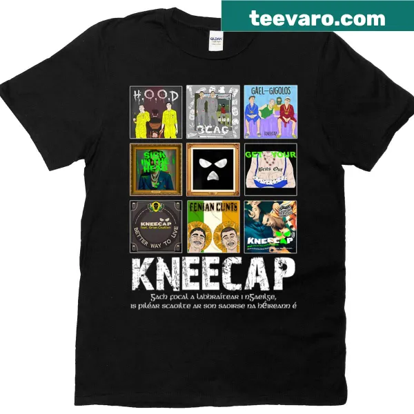 Shirt featuring the Irish phrase 'Kneecap Gach Focal A Labhratear I Ngaeilge'