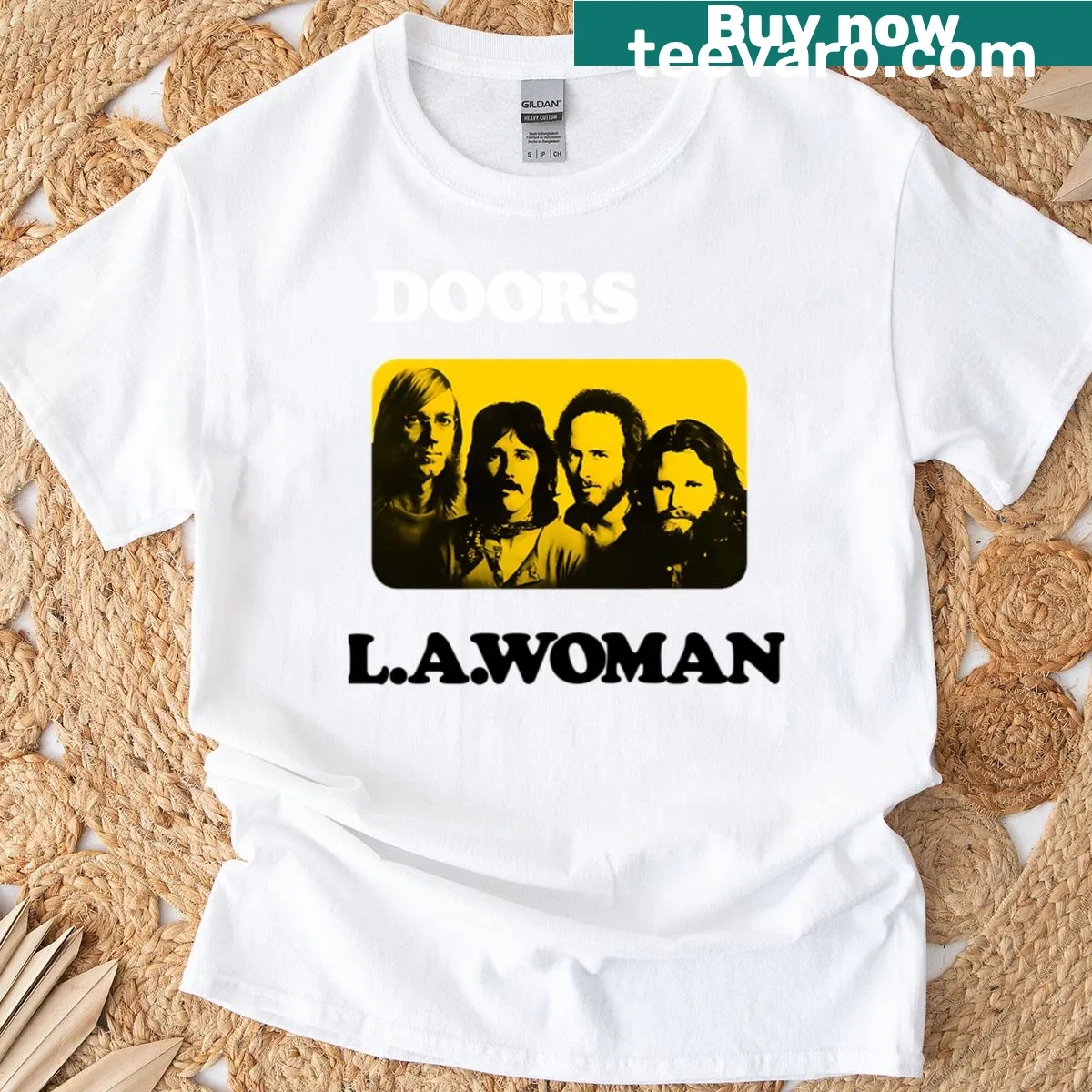 Bold typography t-shirt featuring 'La Woman' text — on a men's t-shirt