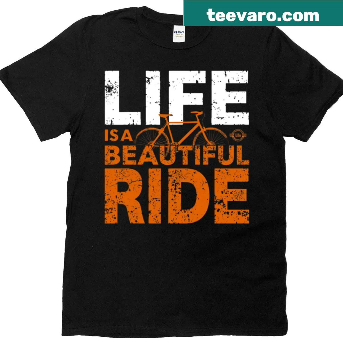 Motivational text 'Life Is A Beautiful Ride' with bicycle theme on a t-shirt. — on a men's t-shirt