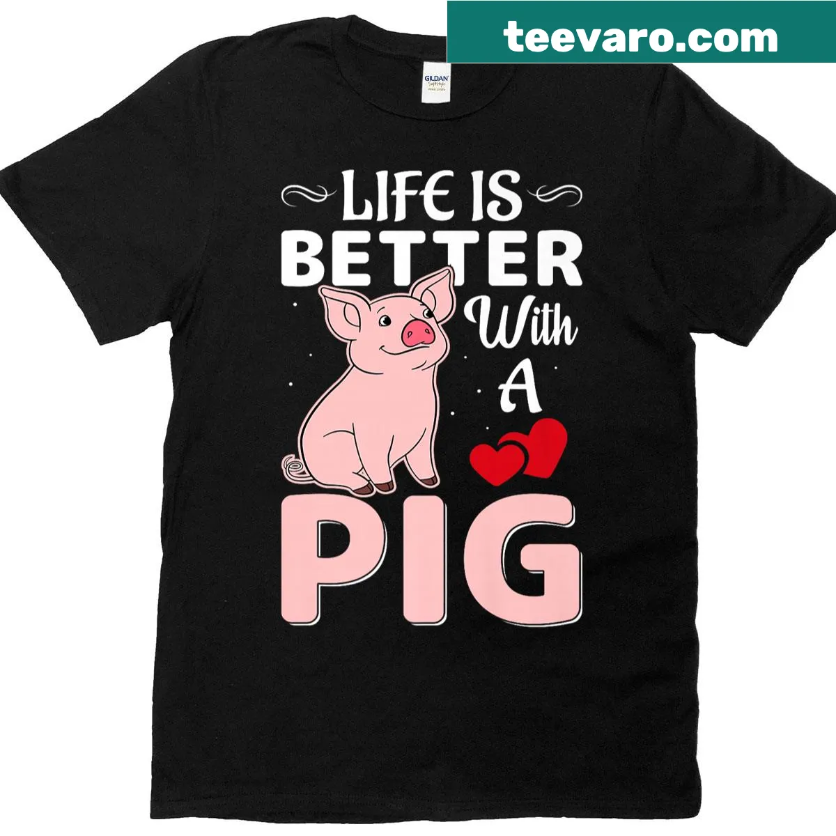 T-shirt with a whimsical pig graphic and text — on a men's t-shirt