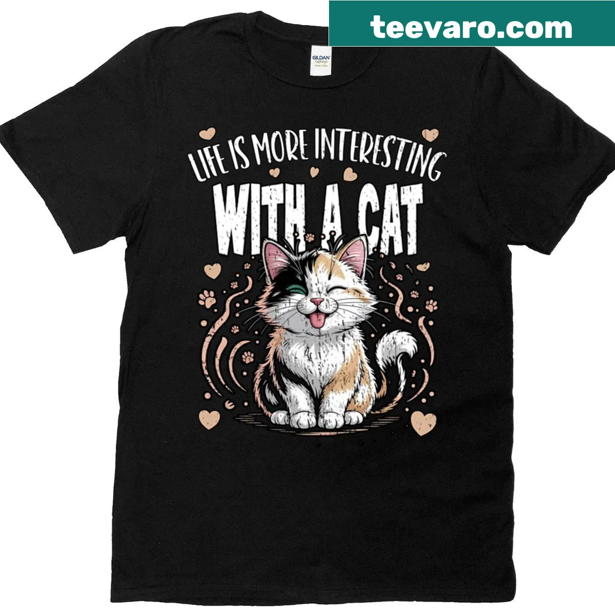 Cute typography T-shirt saying Life Is More Interesting With A Cat — on a men's t-shirt