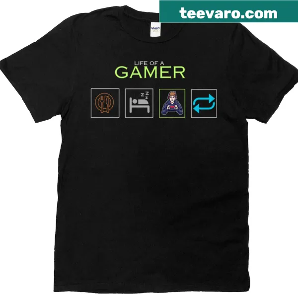 Funny gaming t-shirt with bold text: Eat, Sleep, Game, Repeat