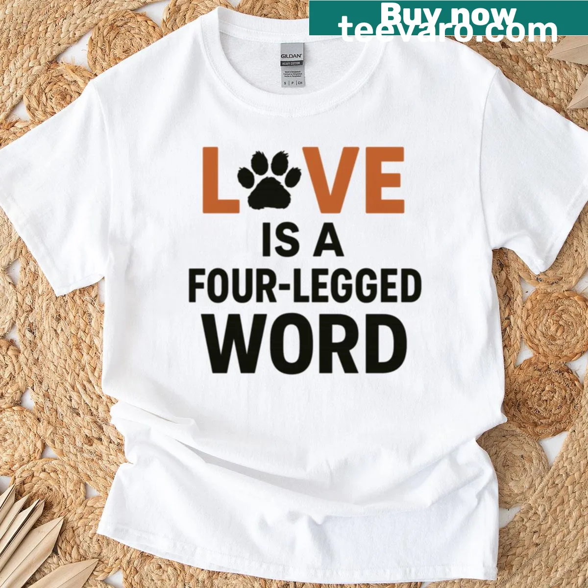 Typography shirt featuring the phrase 'Love Is A Four-legged Word' — on a men's t-shirt