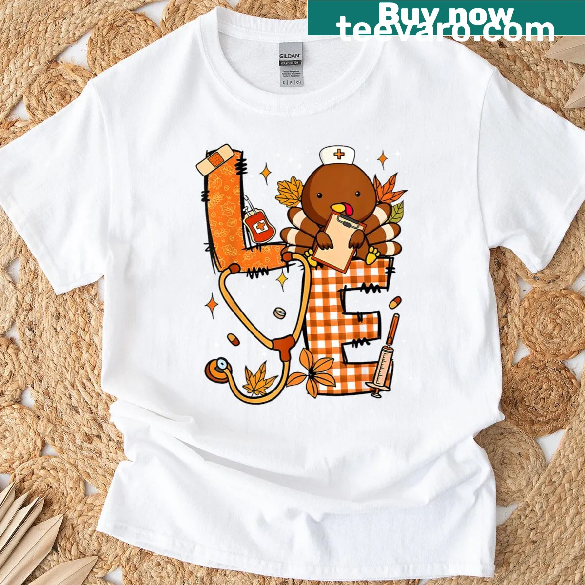 Thanksgiving-themed T-shirt for nurses with turkey graphic and heartwarming text. — on a men's t-shirt