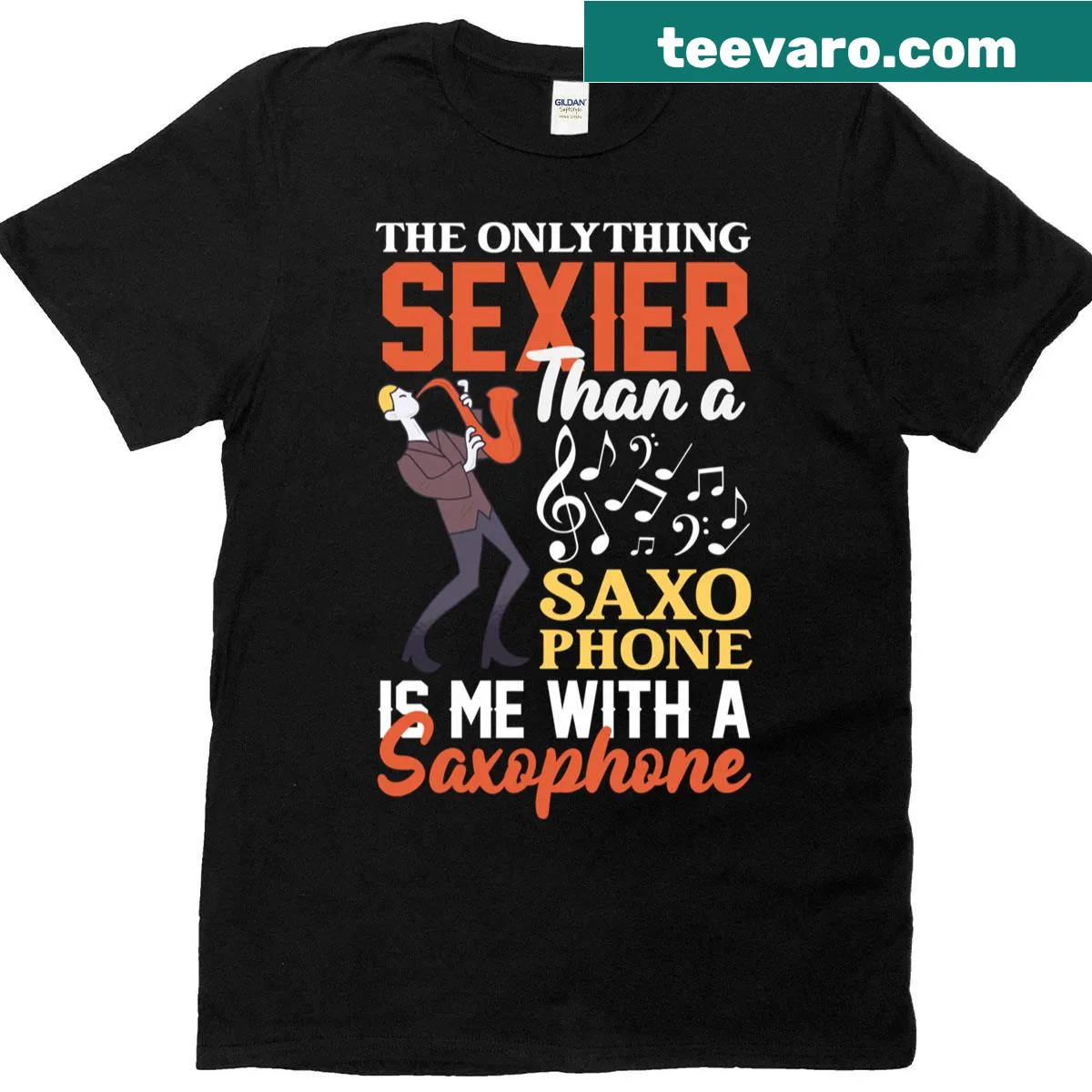 Funny saxophone t-shirt with a humorous illustration — on a men's t-shirt
