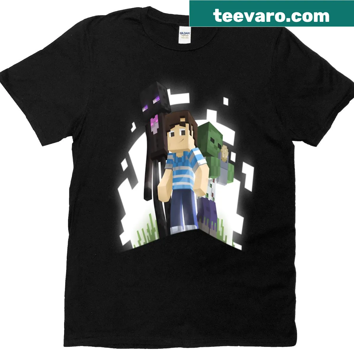 Minecraft-themed T-shirt with 3D character illustrations — on a men's t-shirt