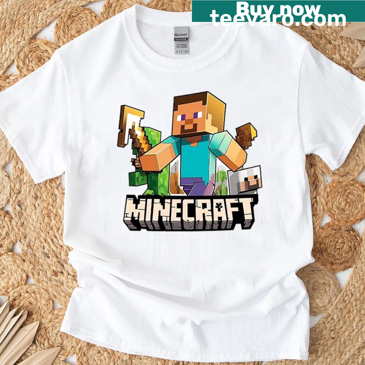 Minecraft Steve with pickaxe and creeper pixel art design — on a men's t-shirt