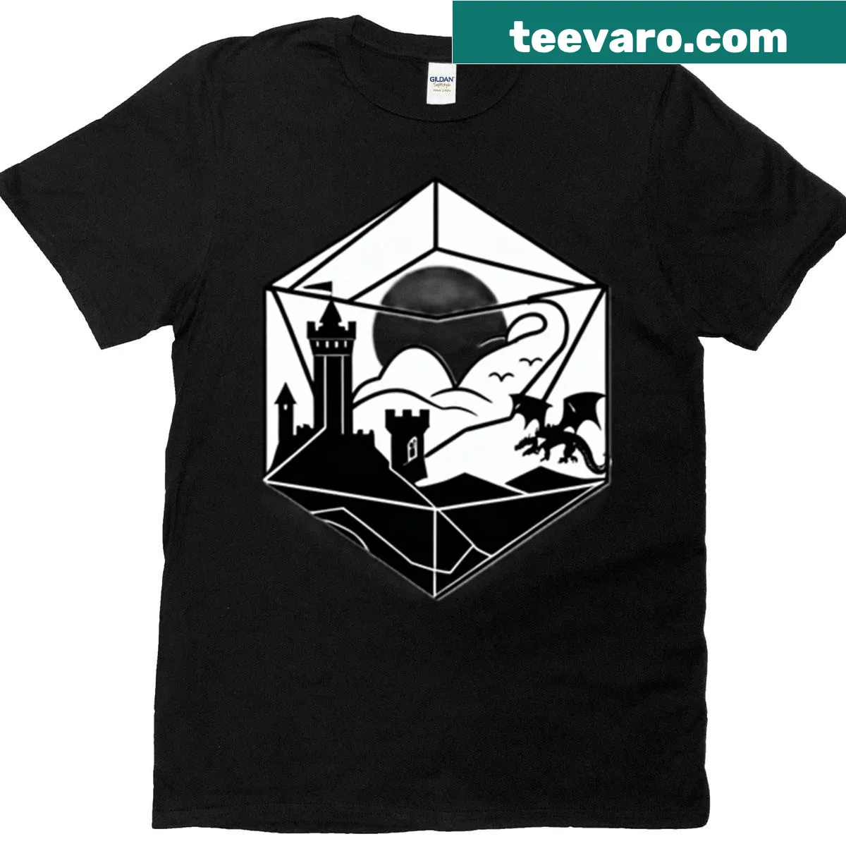 Minimalist D20 graphic featuring dragon, castle, and sun — on a men's t-shirt