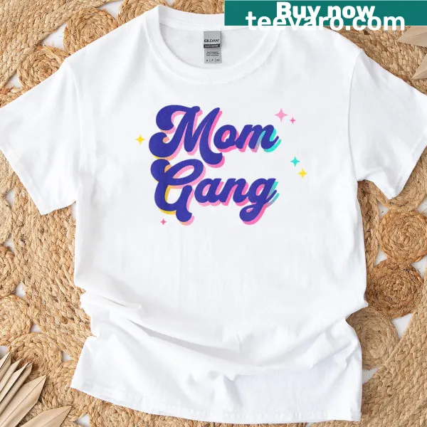 Funny retro 'Mom Gang' text design on vintage-styled shirt