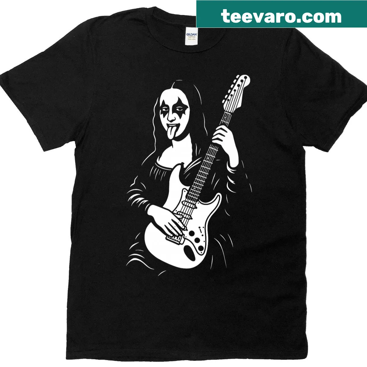 Funny Mona Lisa music teacher t-shirt with guitar illustration — on a men's t-shirt