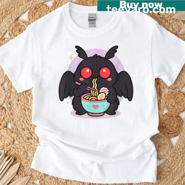 Kawaii T-shirt with Mothman eating ramen graphic