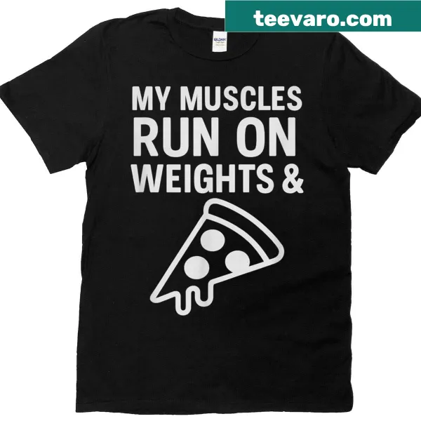 Funny fitness t-shirt with weights and pizza slice graphic